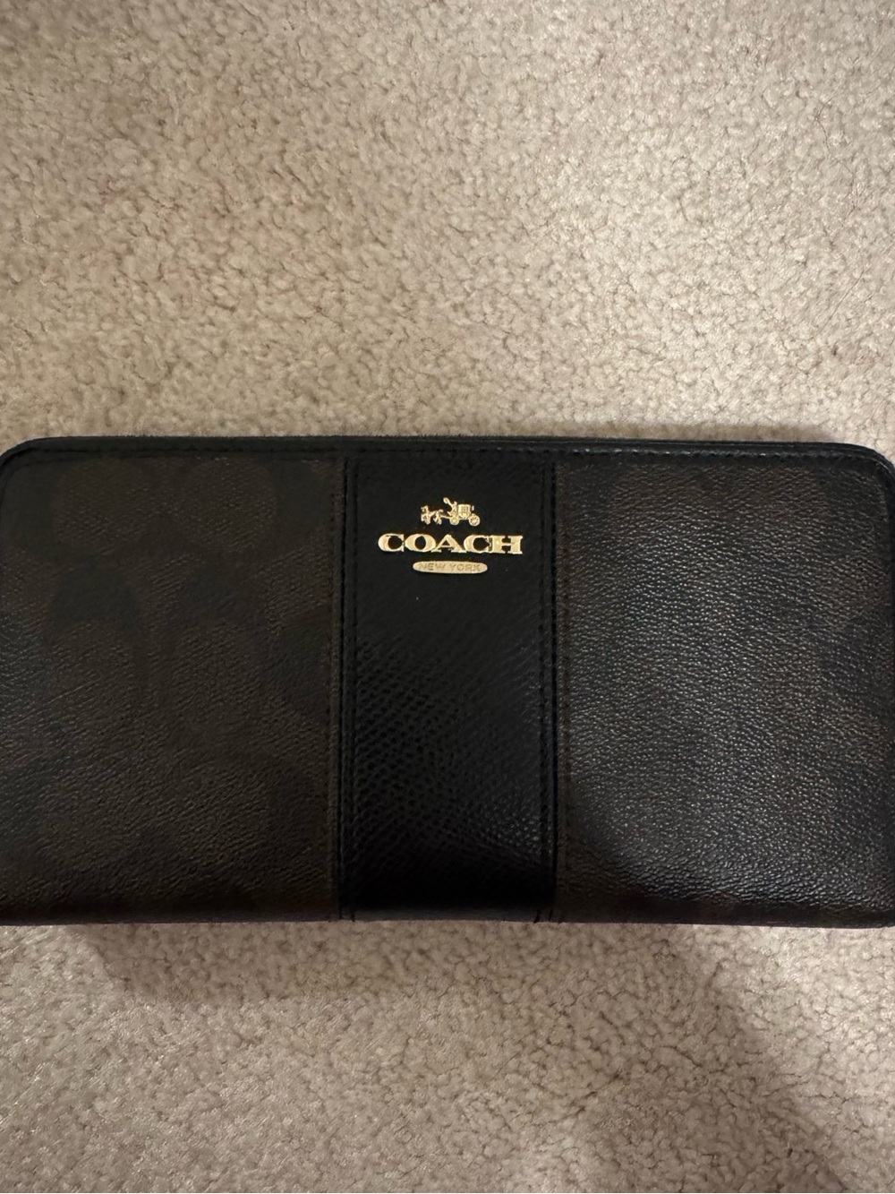 Coach Black Signature and Pebbled Leather Zip Wallet with Gold Logo